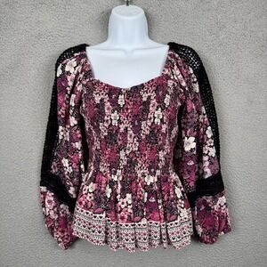 Angie Top Womens XL Pink Tunic‎ Crochet Smocked Floral Boho Hippie Flowy Y2K
